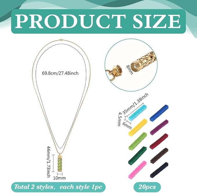 PH PandaHall Essential Oil Diffuser Necklace 2 Styles Golden Aromatherapy Necklaces Column Perfume Bottle Necklace Stainless Steel Locket Pendant with 20pcs Pads for Women Men Birthday Jewelry Gifts