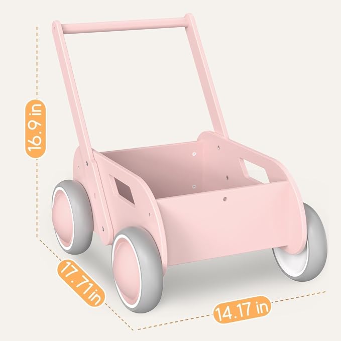 HOMEKOL Wooden Baby Push Walker, Pink | Adjustable Height, with Rubber Wheels, for Boys and Girls, Gift for Birthday, Christmas and New Year