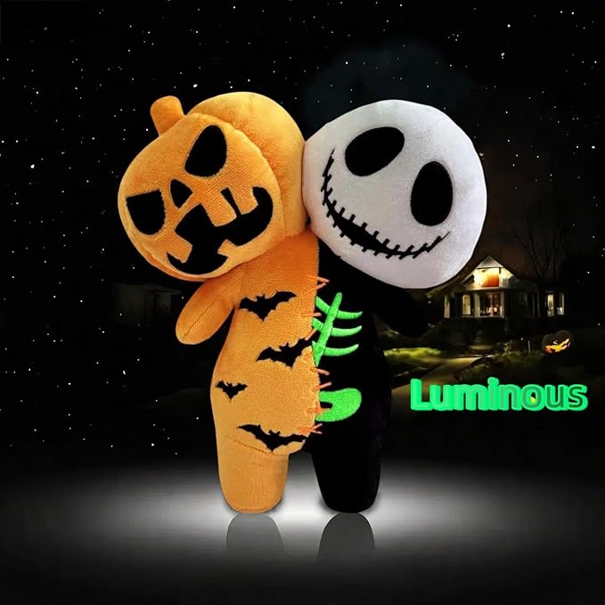 Horror Reversible Glow Plush Creepy Stuffed Animal Toy Scary Pumpkin & Skeleton Buddy Doll for Kids & Game Fans Great Gift for Birthday Halloween Christmas Party