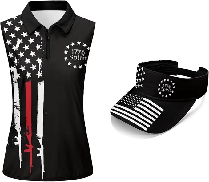 POLERO Golf Tank Top Women Golf Shirts and Visor Hat Collared Racerback Tennis Shirt Set Quarter Zip