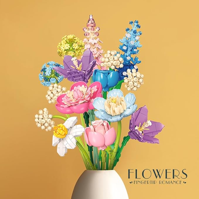 865pcs Flower Building Set, DIY Building Block Flower Bouquet, Beautiful Ornaments, Creates a Cozy Atmosphere with Colorful Artificial Bouquet
