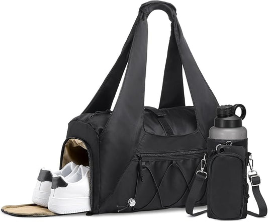 Small Gym Bag for Women, Mini Duffel Bag with Shoe Compartment, Cute Sports Tote Bag Dance Yoga Mat Luggage with Crossbody Water Bottle Bag, Black