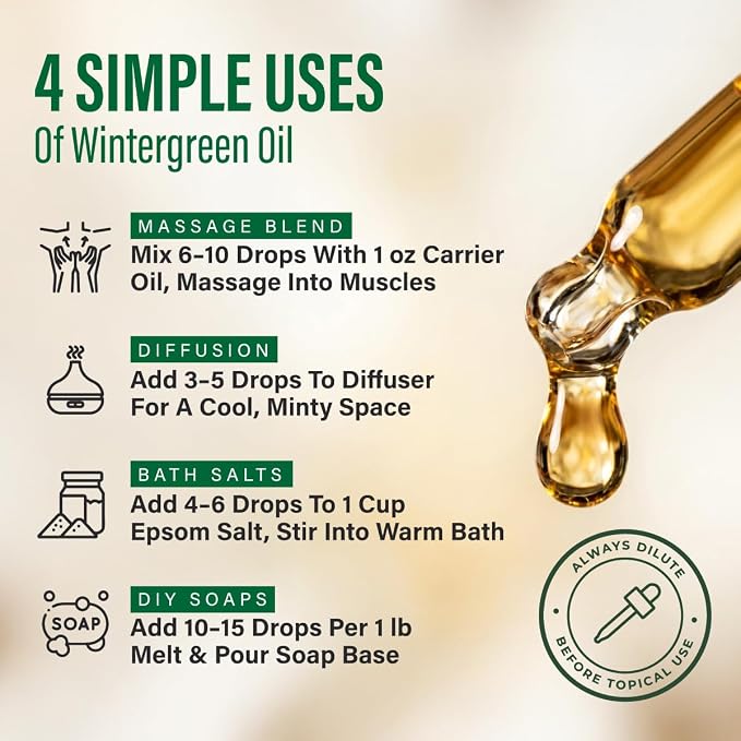 100% Pure Wintergreen Oil - 3.40 Fl Oz Wintergreen Essential Oil for Hair, Skin, Diffuser, Aromatherapy & DIY Soap Making Scent