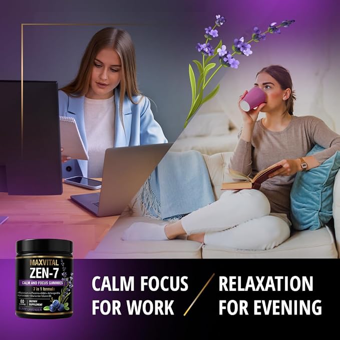 Zen-7 Calm & Focus Gummies for Adults - Sugar Free Daily Calm & Mental Clarity Support - L-Theanine, GABA, Ashwagandha, Magnesium, Lemon Balm & B6 - Berry Lavender - 60 Vegan Gummies