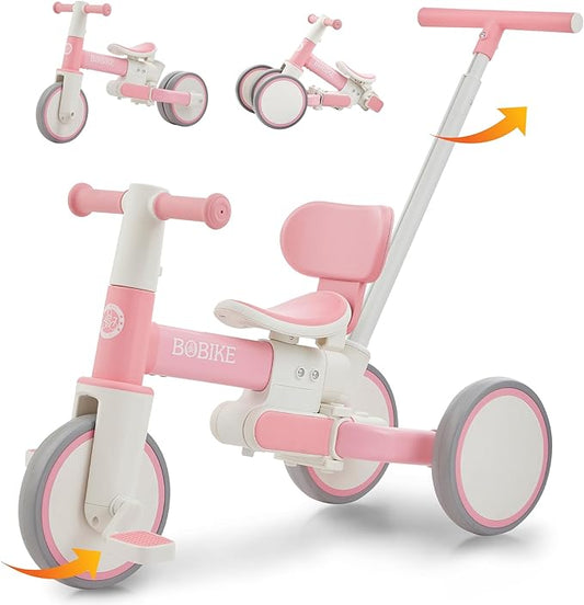 Bobike 5-in-1 Tricycle for Toddlers 18 Months to 5 Years Old, Toddler Bike, Kids Tricycle with Push Handle and Backrest, Toddler Balance Bike with Easy Assembly for Boys and Girls.(Pink)