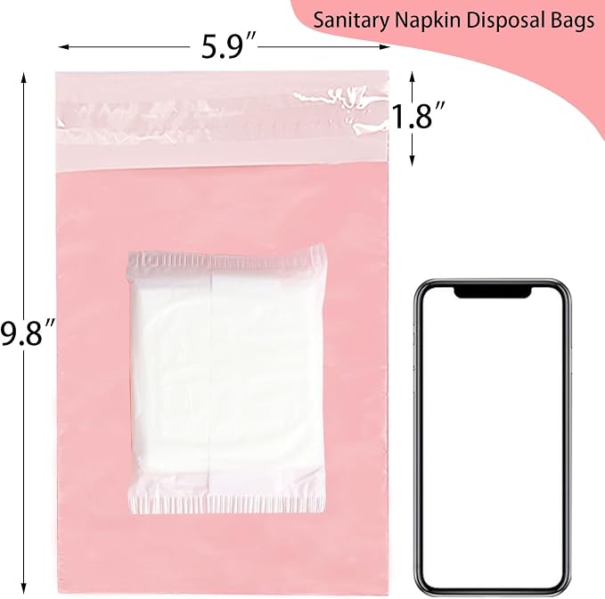 Sanitary Napkin Disposal Bags Feminine Hygiene Bags,100Pcs, Pink, 5.9x9.8IN | Disposable Period Trash Bags, 1.67 Mil Thickness, Self-adhesive, For Pads and Tampons, Blocks Odors