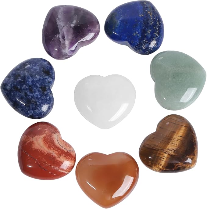 SUNYIK Assorted Natural Gemstones Carved Puff Heart Pocket Stone Set, Healing Palm Crystal Set for Christmas, Pack of 8(1.1")