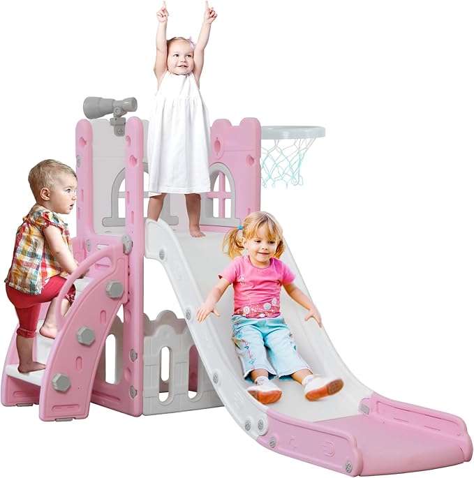 Toddler Slide for Kids with Climber Basketball Hoop, Storage Space, Telescope Kids Indoor Slide Baby Slide for Outdoor Play Upgraded Toddler Indoor Playground with Wider and Longer Slideway Upgraded