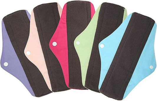 5 Pack 10 Inch Charcoal Bamboo Cloth Menstrual Pads,Reusable Sanitary Pads,Washable Panty Liner,Unscented