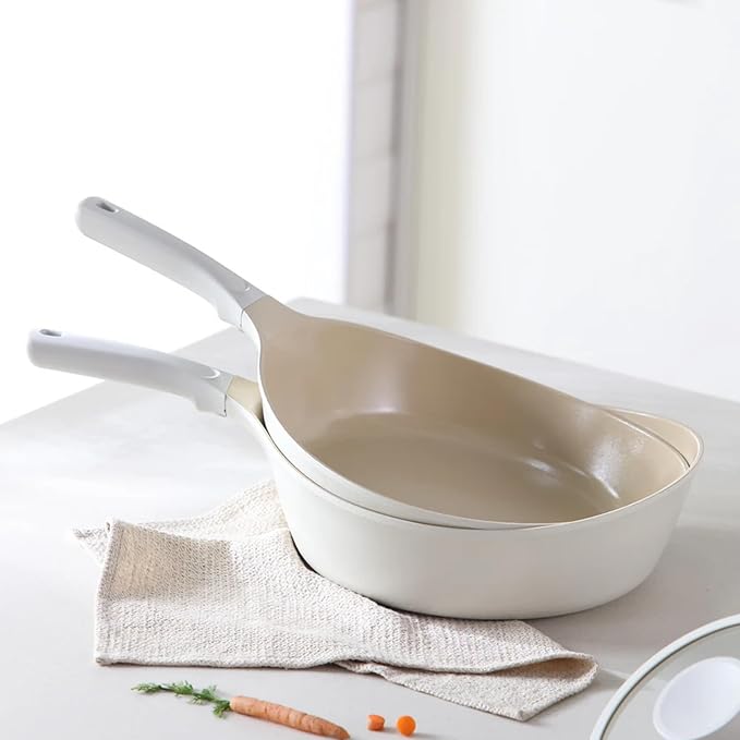 Neoflam Vulcan Ivory 11" Nonstick Frying Wok Pan with Ergonomic Handle, Cast Aluminum, Lightweight Ceramic Coated Skillet, PFAS PFOA Free, Induction Ready, Made in Korea