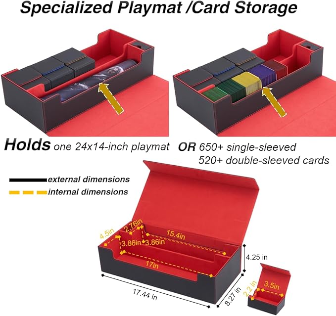 Venssu MTG Deck Box Holds 5 Display Card Deck Boxes with Playmat and Dice Box,Includes 10 colorful dividers and 1 card supporter, Trading Card Storage Box For Magic Game Cards (Black and Red)