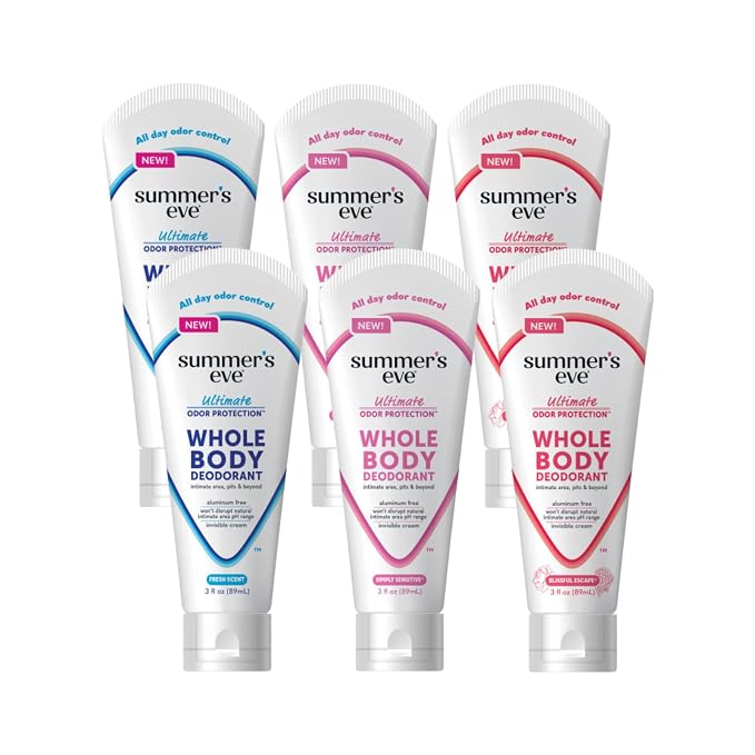 Summer’s Eve Ultimate Odor Protection Whole Body Deodorant Cream, Fresh Scent, Simply Sensitive & Blissful Escape, All Day Odor Control, Aluminum Free, 3 Ounce Each (Variety Pack of 6)