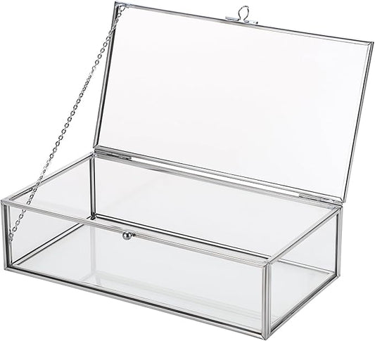 Hipiwe Glass Keepsake Display Box Large Clear Jewelry Lidded Boxes with Lid | Decorative Glass Boxes Rectangle Display Organizer for Trinket Perfume Collection - Gift for Birthday Anniversaries
