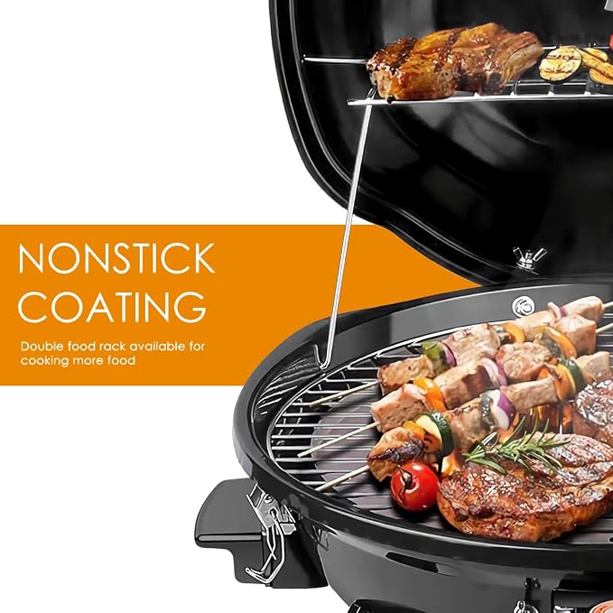 Electric BBQ Grill Techwood 15-Serving Outdoor Electric Grill for Party, Patio & Backyard, Double Layer Design, Portable Removable Stand Grill, 1600W (Countertop Black BBQ Grill)