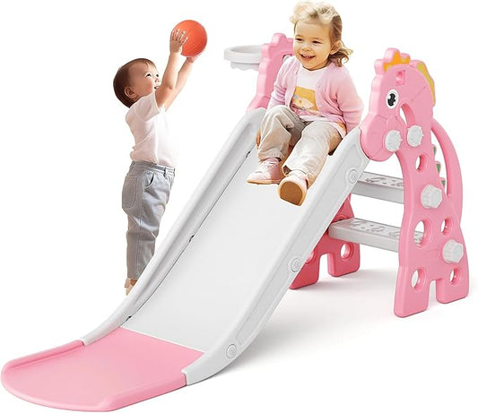 67i 3 in 1 Toddler Slide - 46.8 Inch Long Slide, 10-Min Easy Assembly, Foldable Anti-Tip Stable, Small Indoor Mini Slide for Toddlers 1-3, Baby Inside Slide Resbaladilla Indoor Outdoor Gift (Pink)