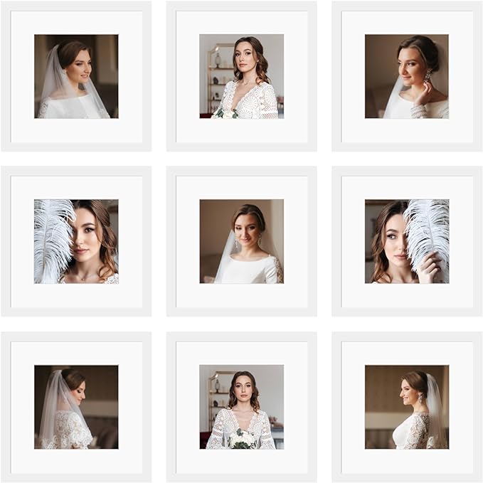 12x12 Picture Frame Set of 9, Display Pictures 8x8 with Mat or 12x12 without Mat, Multi Collage Gallery Square Photo Frames for Wall or Tabletop, White