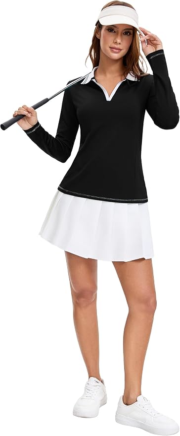 MathCat Womens Golf Shirts, Long Sleeve Polo Shirts Collared V Neck Tennis Shirts Breathable Athletic Tops