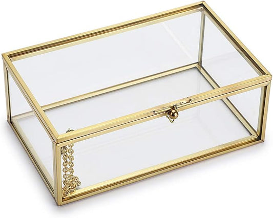 Hipiwe Vintage Glass Keepsake Box, Rectangle Jewelry Display Organizer Case | Vanity Lidded Box Home Decor Accent Decorative Boxes for Storage Trinket Rings Bracelet