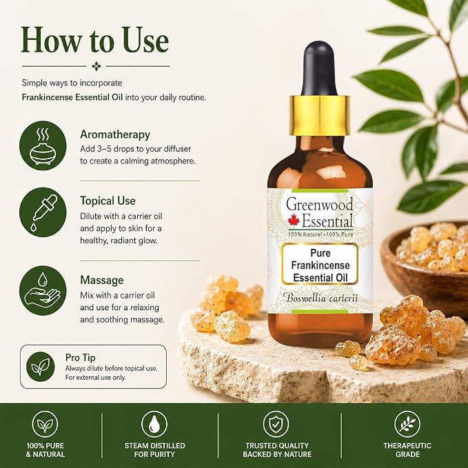 Greenwood Essential Frankincense Essential Oil (Boswellia carterii) with Glass Dropper Steam Distilled 50ml (1.69 oz)