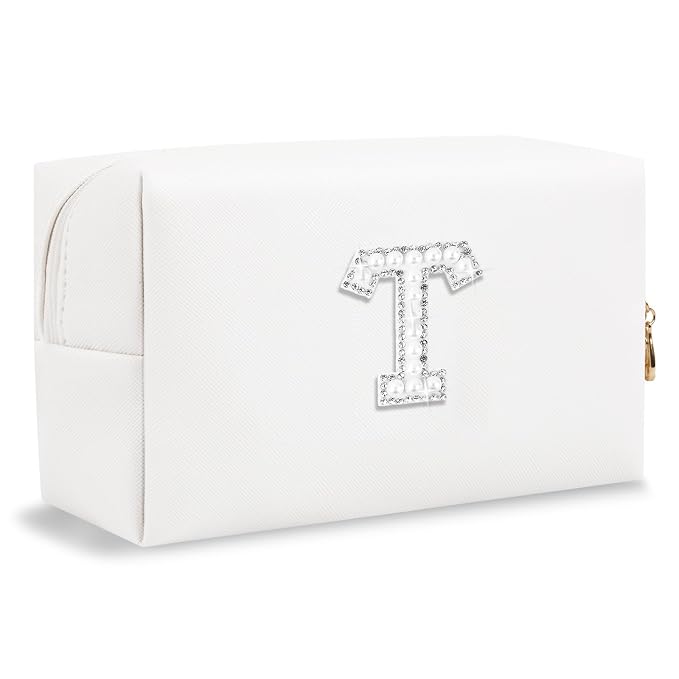 Bride Gifts – Personalized Initial Makeup Bag with Pearl Rhinestone Patch, Preppy White Monogram Cosmetic/Toiletry Pouch, bridesmaid Gifts, Bridal Shower Gifts, Wedding Gifts, Bridal Gifts,T