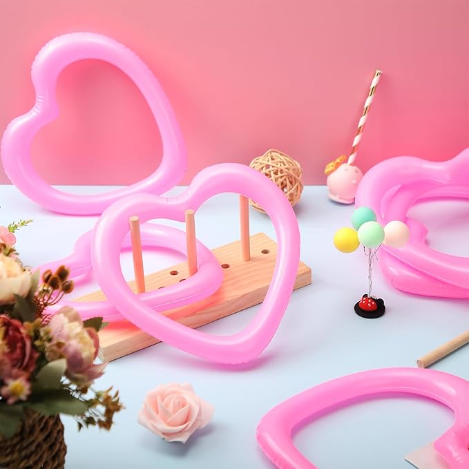 RoundFunny 24 Pcs Valentine‘s Day Heart Shaped Inflatable Ring Toss Pink Heart Plastic Rings for Games Fun Target Toy Toss Games for Party Favor Garden Backyard Outdoor