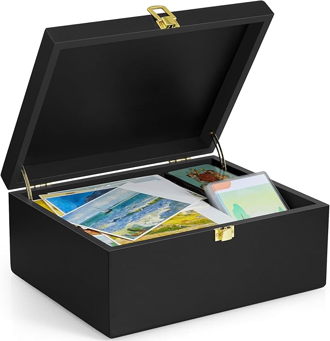 DRASTAR Large Wooden Keepsake Box, Black Memory Box, Decorative Storage Box with Hinged Lid, Large Card Box