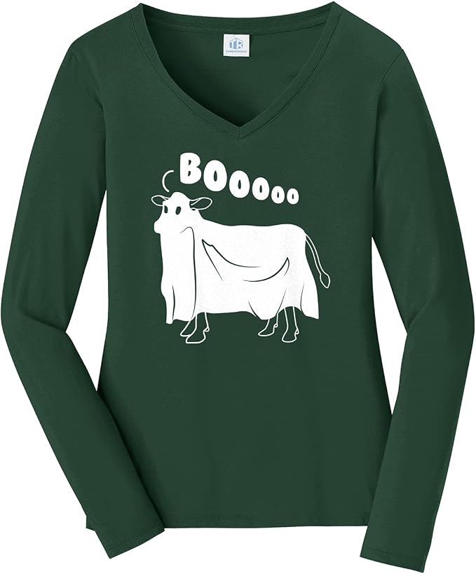 Threadrock Women's Cow Ghost Saying Moo Long Sleeve V-Neck T-Shirt