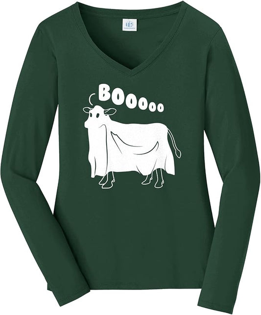 Threadrock Women's Cow Ghost Saying Moo Long Sleeve V-Neck T-Shirt