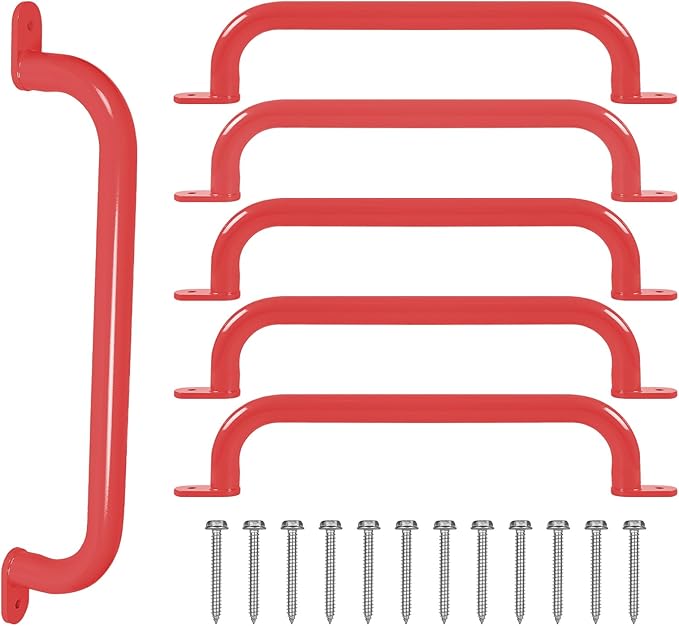 ESPETS 17 Inch 6 Pieces Red Steel Handles for Outdoor Playground Accessories - Swing Set Attachment Grab Bars, Playset Safety Handles, Indoor Monkey Bars for Jungle Gym, Playhouse, Climbing Frame