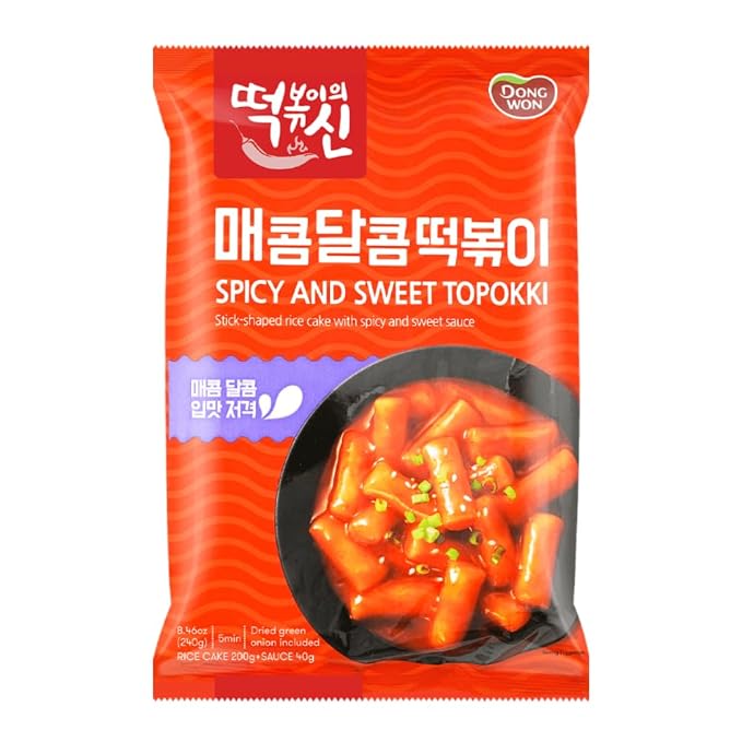 DONG WON Topokki with Spicy and Sweet Sauce, Korean Rice Cake Stick, Korean Street Food, 8.46 OZ (240 G) - 2 Pack