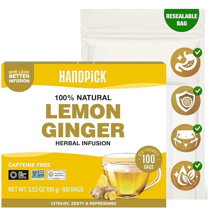 HANDPICK, Lemon Ginger Herbal Tea - 100 Pyramid Tea Bags | 100% Natural Ingredients, Tasty & Citrusy Hand-made Blend of Lemon & Ginger | Caffeine Free, Gluten Free | No Artificial Ingredients