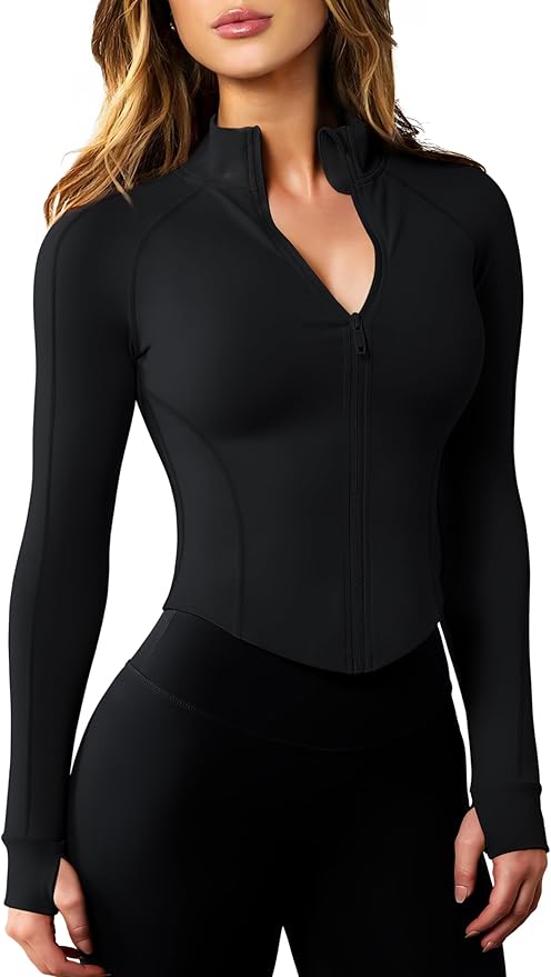 AVGO Women's Workout Jacket Lightweight Zip Up Cropped Yoga Jackets Slim Fit Athletic Tops with Thumb Holes