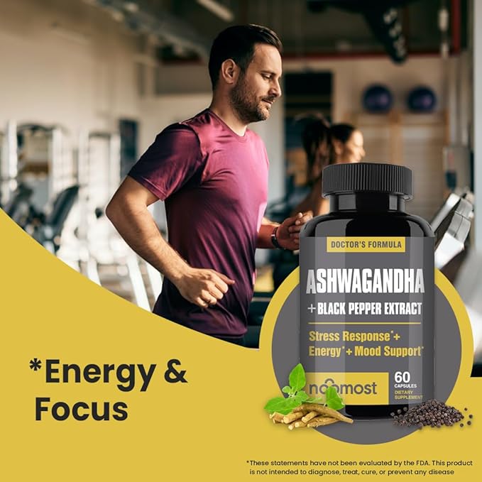NooMost Ashwagandha Root Extract 15:1 with Black Pepper for Better Absorption - 60 Capsules - Natural Stress, Energy, Focus & Sleep Support - Adaptogen Supplement for Men & Women - Made in USA