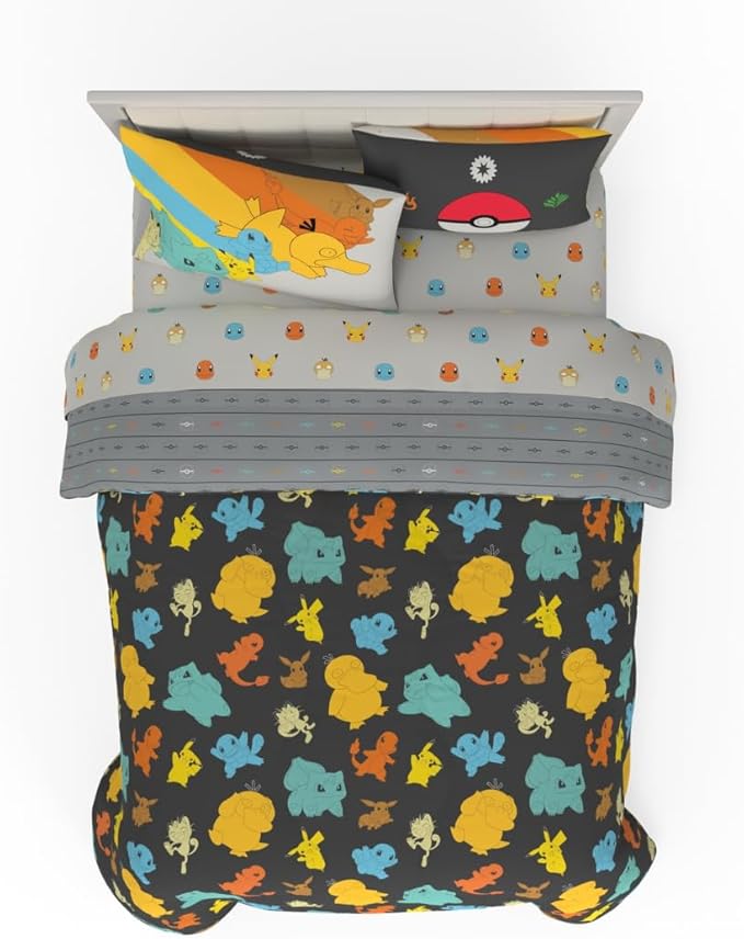 Pokemon Bedding Set, Full Size 7 Piece Set Kids Super Soft Cozy Reversible Comforter and Sheet Set with Sham, (100% Officially Licensed Product) by Franco