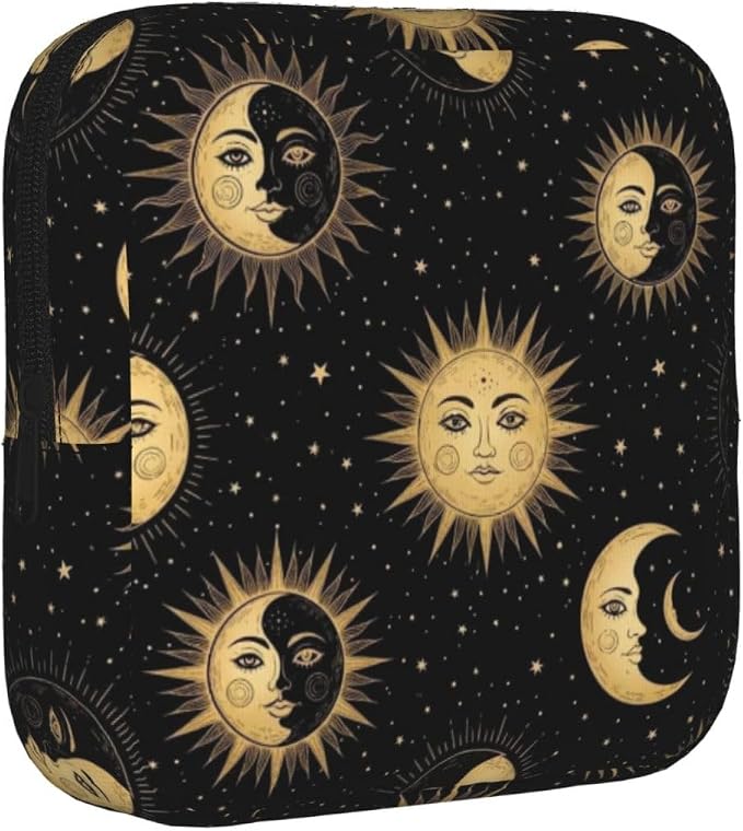 Feminine Product Organizer with Zipper, Polyester Sanitary Pad Bag Gold Sun Crescent Moon Star, Portable Holder for Nursing Pad Panty Liners