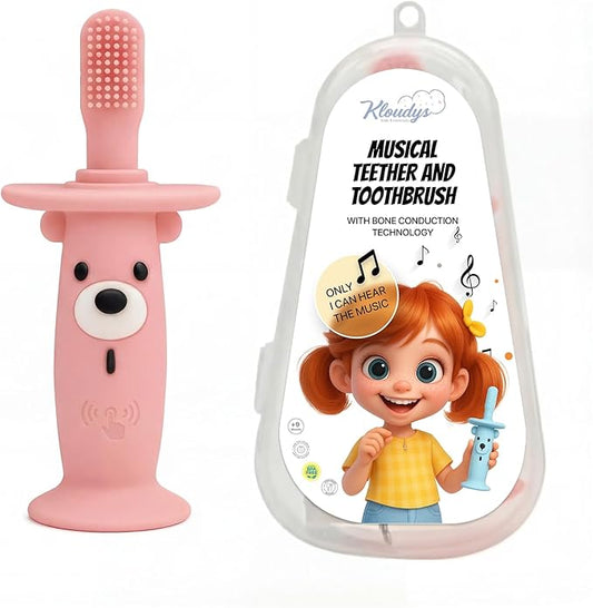 Vibrating Baby Teether & Toothbrush l Teething Relief & Bone Conduction Music l Soft BPA-Free Silicone Baby teethers, Oral Sensory chew Toys for Kids & Babies,Teething Toys 9-24 Months, Pink