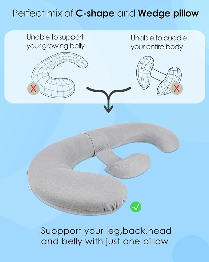 QUEEN ROSE Pregnancy Pillow, E Shaped Body Pillows for Sleeping Support, 60 Inch Maternity Pillow for Pregnant Women with Cooling Silky Cover, Grey