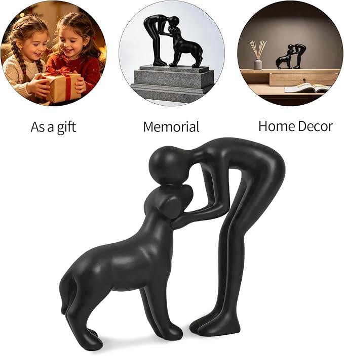 Abstract Person and Dog Sculpture Head-to-Head Figurine Black | abstract sculpture celebrating the bond between person and pet. Intimate head-to-head Touching memory keepsake for dog lovers