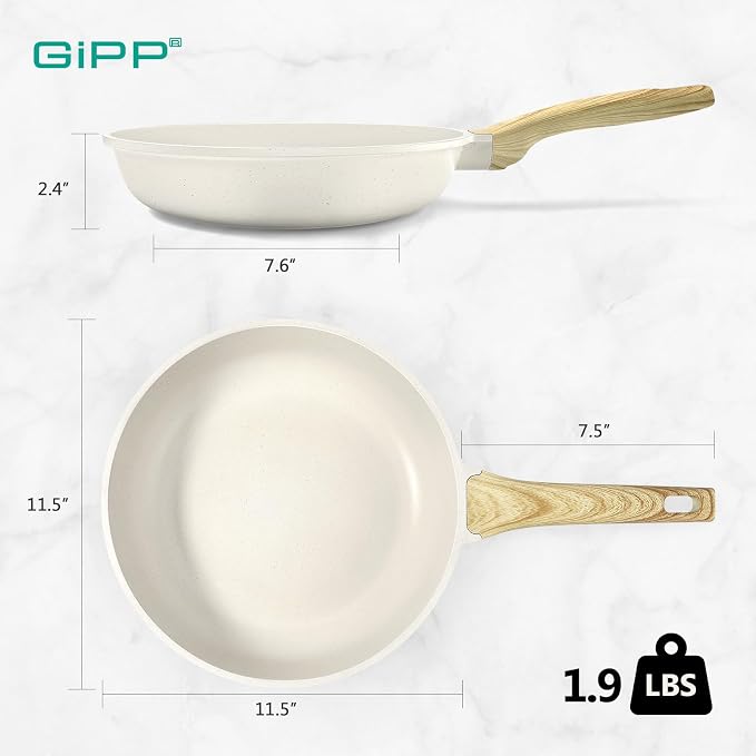 GiPP Nonstick Frying Pan Skillet - 11" White Granite Non Stick Pans, Omelette Pan with Heat-Resistant Handle, Compatible with All Stovetops, PFOA Free