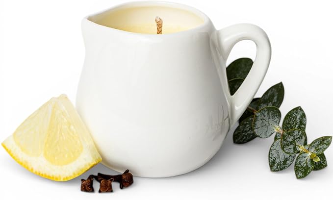 Massage Candle Eucalyptus Lemon & Clove – Warm Body Oil Candle with Natural Butters – Sensory Self-Care & Skin Moisturizing – 2.6 Oz White Carafe with Handle – Second Life The Rub Down