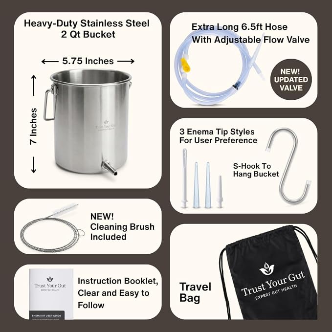 Trust Your Gut Coffee Enema Kit, Stainless Steel Colon Cleansing Enema Bucket Kit, Home Colonic Cleanse & Detox, Durable, Reusable, Hygienic – 2 Qt
