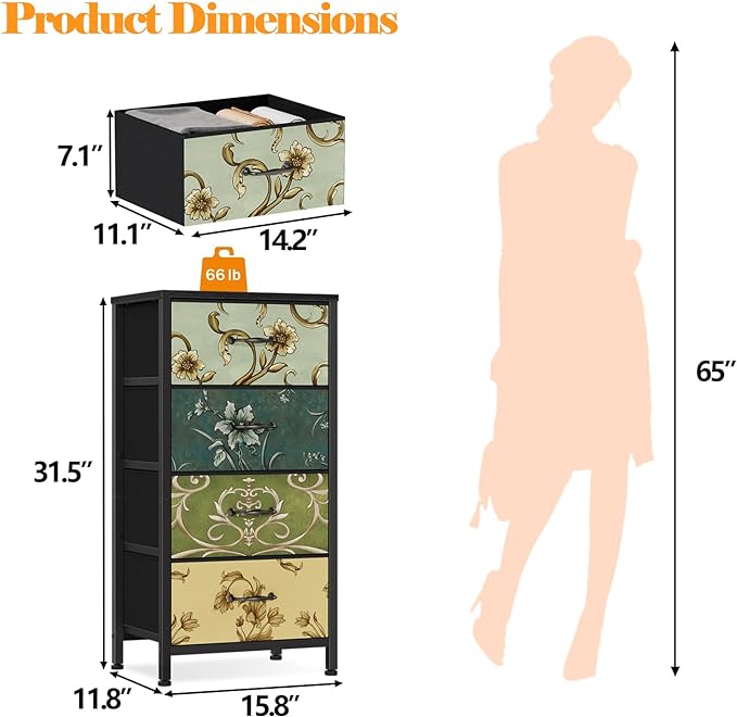 4 Drawer Dresser, Vintage Nightstand, Fabric Chest of Drawers | Vertical Dresser for Bedroom, Storage Tower Units with Fabric Drawers, Small Dressers for Closet, Retro Style, Wooden Top