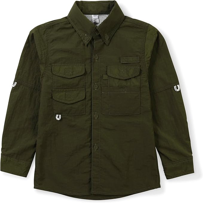 OCHENTA Boys' Button Down Long Sleeve Fishing Shirt Quick-Dry UV Sun Protection Outdoor Tops