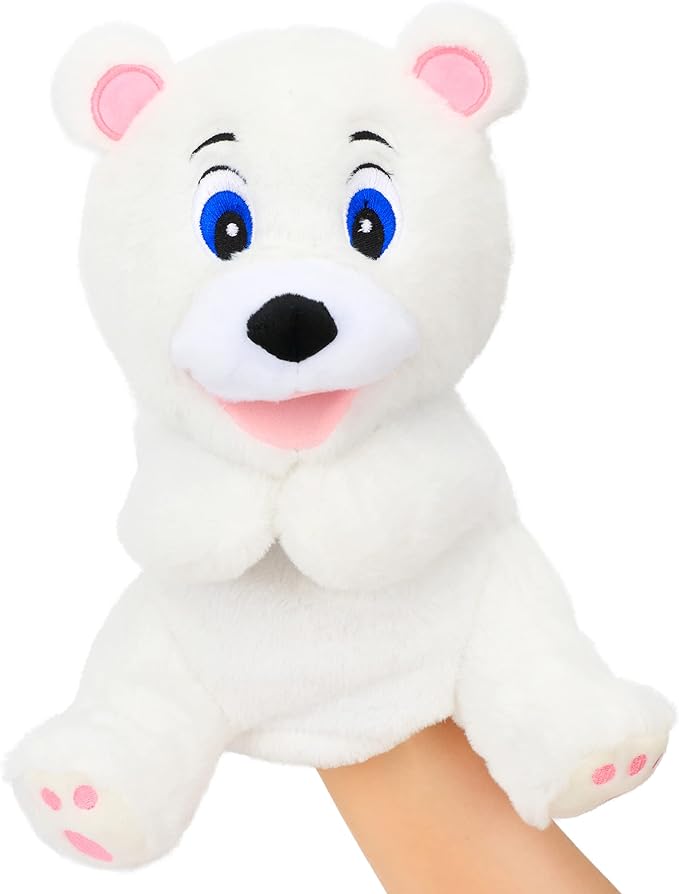 Hopearl Plush White Bear Hand Puppet with Open Movable Mouth for Imaginative Play, Role Play, Interactive Toy for Storytelling Teaching Puppet Theater, Gifts for Kids Boys Girls, 11.5''
