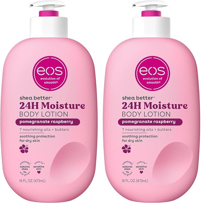 eos Shea Better Body Lotion Pomegranate Raspberry,24-Hour Moisture Skin Care,Lightweight & Non-Greasy,Natural Shea,Vegan,16 fl oz,(Pack of 2)
