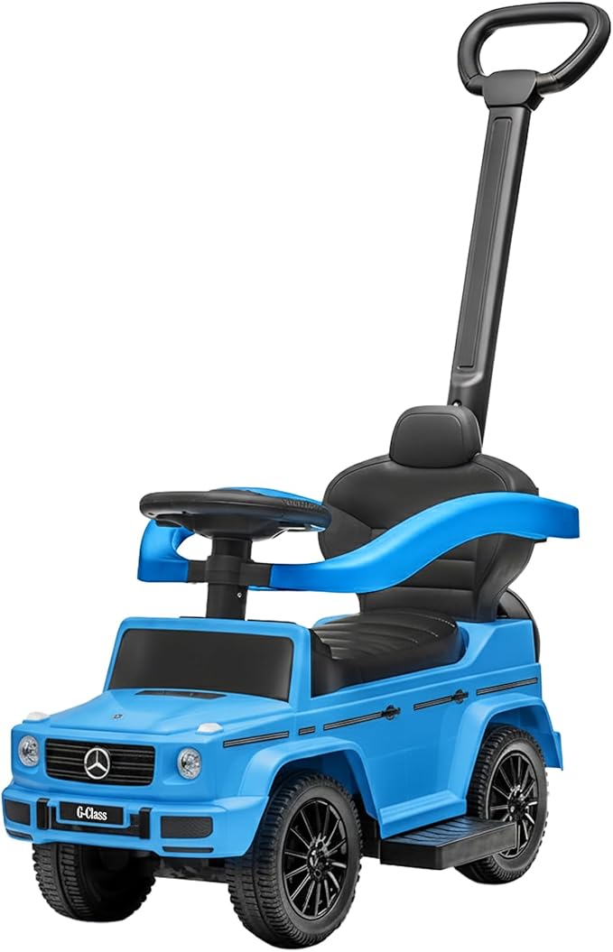 Best Ride On Cars Kids Outdoor Stroller Mercedes G-Wagon 3-in-1 Push Car with Detachable Handle, Safety Rails, and Working Horn, Blue