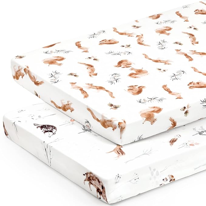 GRSSDER Stretchy Ultra Soft Jersey Knit Pack and Play Sheets 2 Pack, Portable/Mini Crib Sheets Universal Fitted for Playpen Mattress Safe and Snug, Stylish Cute Animal Print Baby Sheets