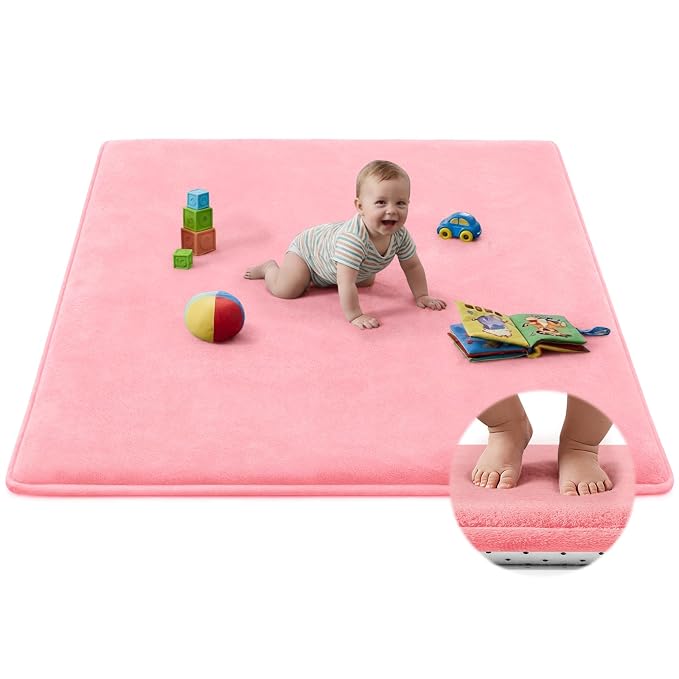 Baby Play Mat for Floor,Ultra Thick Elastic Foam 47"x47" Playmat Tummy Time Muscle Crawling Exercise Activity Cushion Gym Mat Nursery Playroom Area Kids Rug for Babies, Toddlers,Infants,Pink