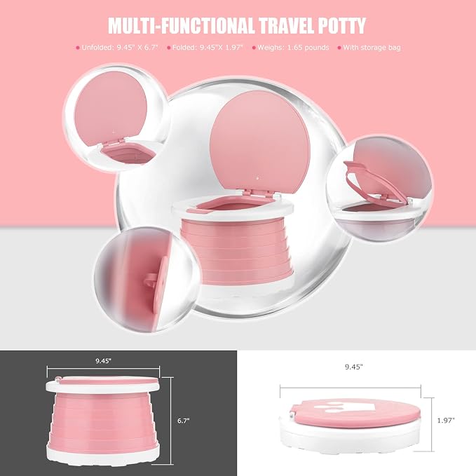 Portable Potty for Toddler Travel Foldable Potty Seat for Toddler Training Toilet for Kids Boys Girls Car Potty On The Go Potty Travel Potty Chair for Camping Park Indoor/Outdoor -105PCS Cleaning Bags