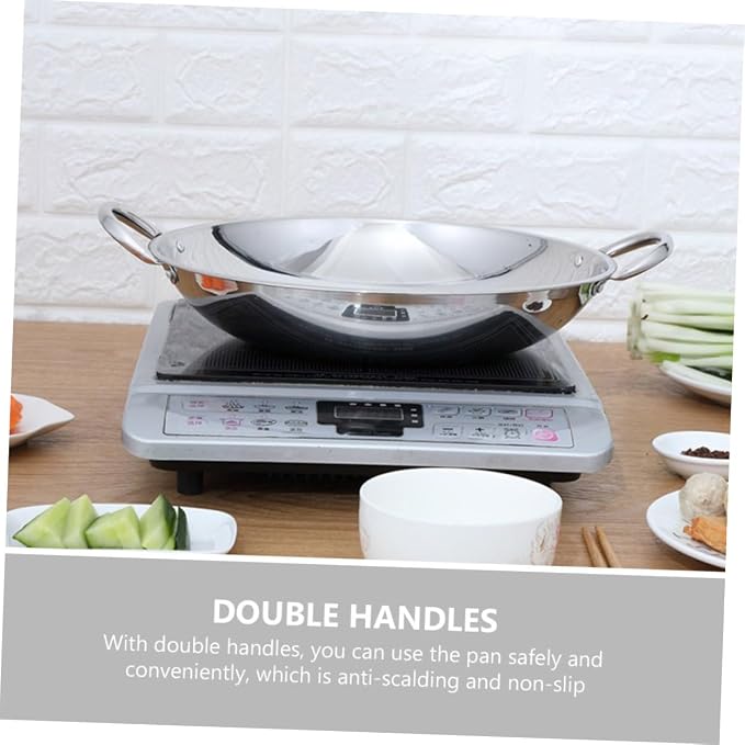 Homoyoyo Cooking Wok Round Bottom Stainless Steel Pot Double Handle Kitchen Supply